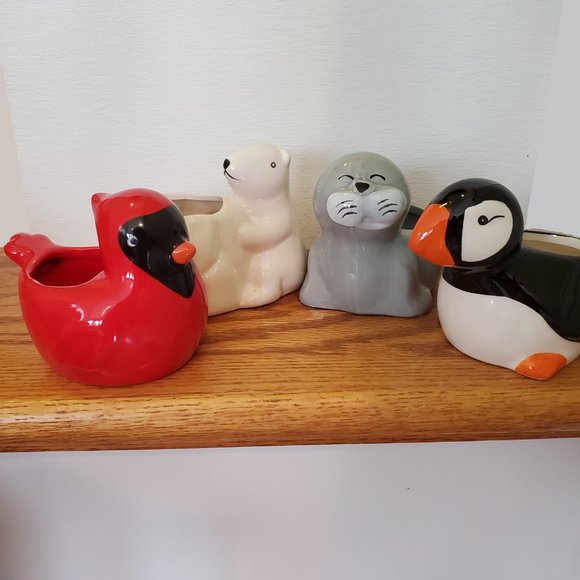 Animal Planters, New Winter 2021 4pc Set, Cardinal Polar Bear Puffin Seal - Picture 2 of 11